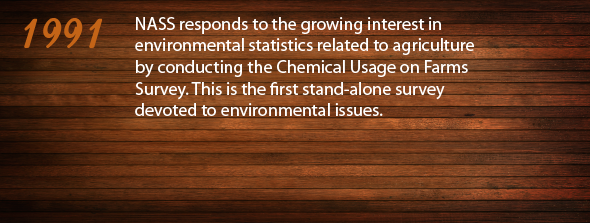 1991 - NASS responds to the growing interest in environmental statistics related to agriculture by conducting the Chemical Usage on Farms Survey. This is the first stand-alone survey devoted to environmental issues.