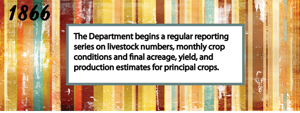 1866 - The Department begins a regular reporting series on livestock numbers, monthly crop conditions, and final acreage, yield, and production estimates for principal crops.