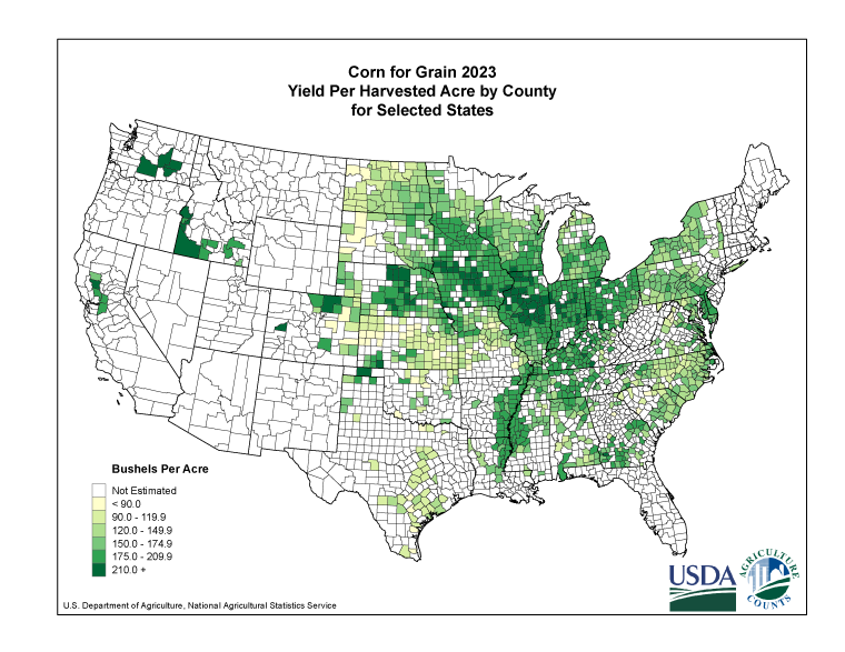 Corn: Yield per Harvested Acre by County