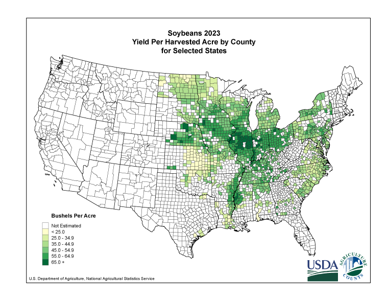 Soybeans: Yield per Harvested Acre by County