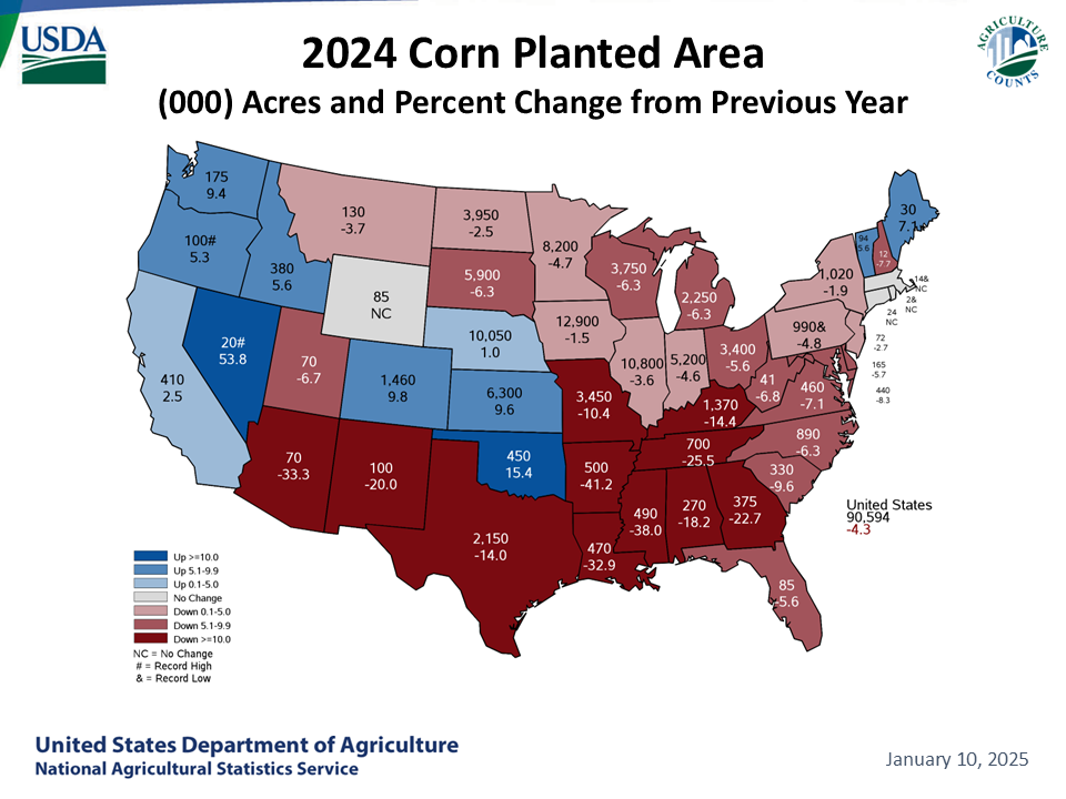 Corn: Acreage & Change from Previous Year by State