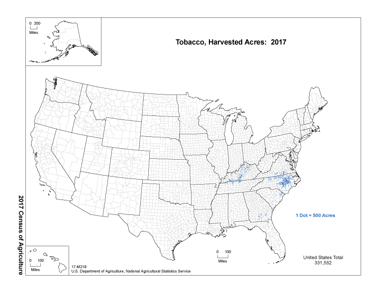 Map of Tobacco, Harvested Acres: 2017