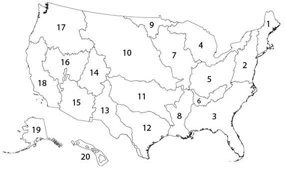 Image map showing the entire United States broken up by watershed.