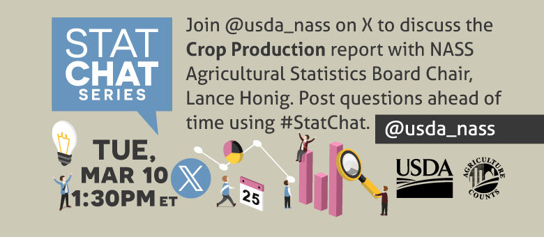 Join @usda_nass on X using #StatChat on March 10th, 1:30 PM EDT to discuss the Crop Production reports with the Agricultural Statistics Board Chair, Lance Honig.