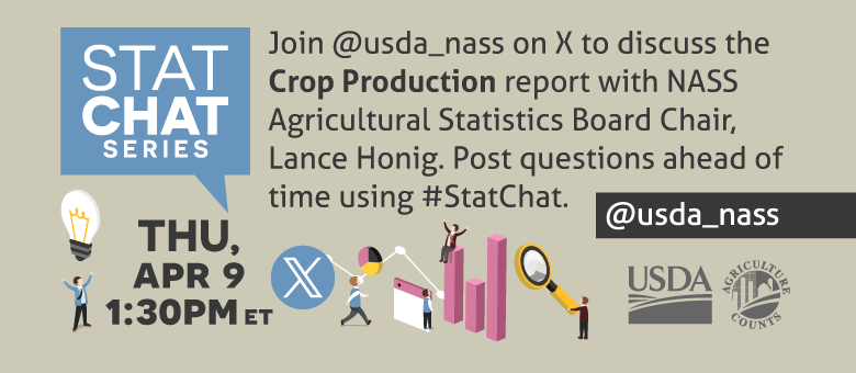 Join @usda_nass on X using #StatChat on March 30th, 1:30 PM EDT to discuss the Crop Production reports with the Agricultural Statistics Board Chair, Lance Honig.