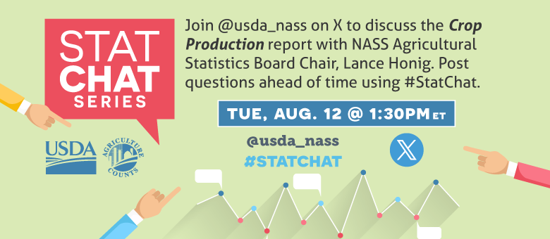 Join @usda_nass on X using #StatChat on Auguest 12, 1:30 PM ET to discuss the Crop Production report with NASS's Agricultural Statistics Board Chair, Lance Honig.