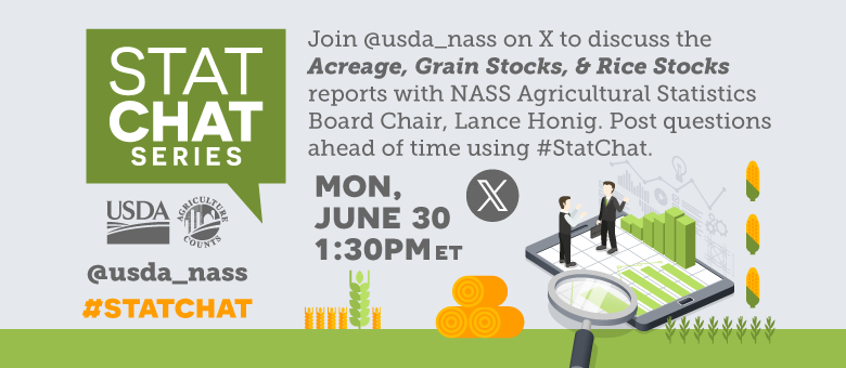 Join @usda_nass on X using #StatChat on June 30, 1:30 PM ET to discuss Acreage, Grain Stocks and Rice Stocks reports with NASS's Agricultural Statistics Board Chair, Lance Honig.