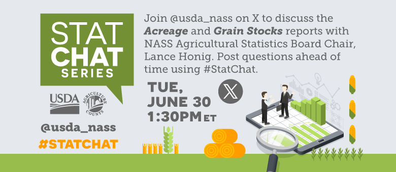 Join @usda_nass on X using #StatChat on June 30th, 1:30 PM EDT to discuss the acreage and grain stocks reports with the Agricultural Statistics Board Chair, Lance Honig